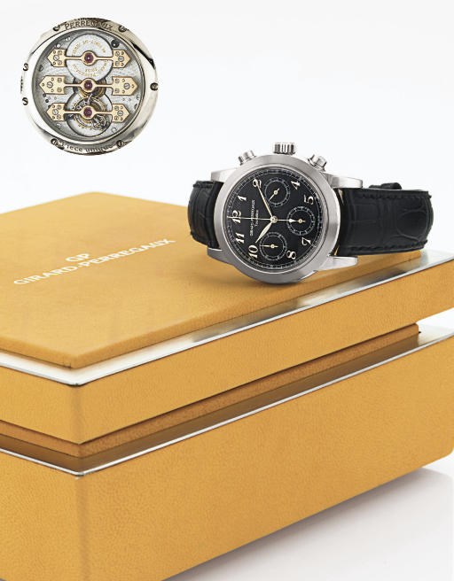 GIRARD-PERREGAUX. A FINE AND UNIQUE 18K WHITE GOLD TRIBLE-BRIDGE TOURBILLON CHRONOGRAPH WRISTWATCH