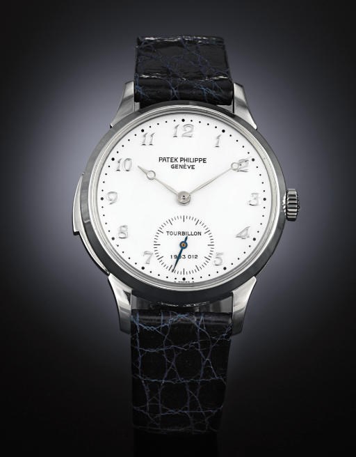 PATEK PHILIPPE. A VERY FINE AND RARE PLATINUM MINUTE REPEATING TOURBILLON WRISTWATCH WITH ENAMEL DIAL