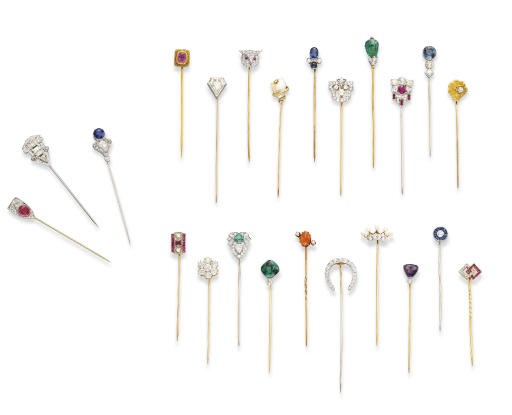 **A GROUP OF MULTI-GEM AND SIMULATED-GEM STICK PINS