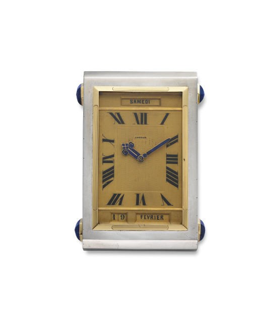 AN ART DECO SILVER, GOLD AND LAPIS LAZULI "PENDUAL CALENDRIER" TABLE CLOCK, BY CARTIER