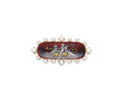 AN ANTIQUE ENAMEL, DIAMOND AND PEARL BROOCH, BY TIFFANY & CO.