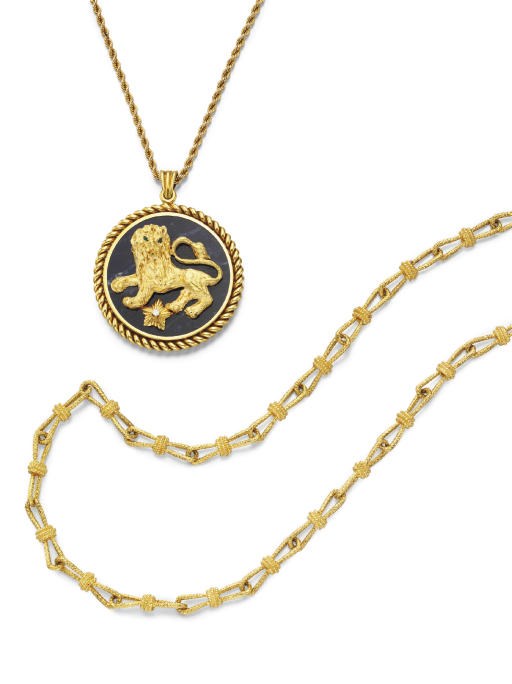 A SODALITE, DIAMOND AND GOLD PENDANT NECKLACE, BY VAN CLEEF & ARPELS