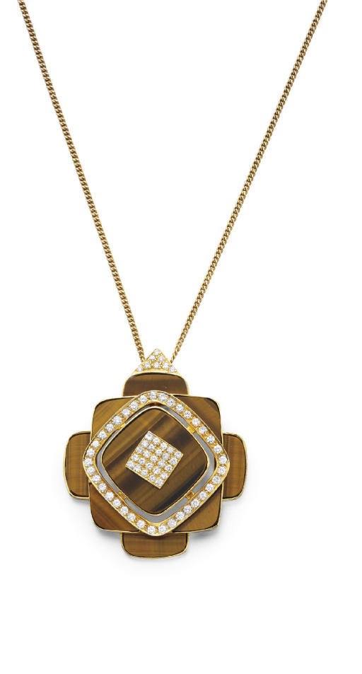 A TIGER'S EYE AND DIAMOND PENDANT NECKLACE, BY VAN CLEEF & ARPELS