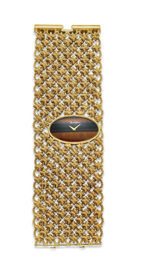A TIGER'S EYE AND GOLD WRISTWATCH, BY BUECHE GIROD