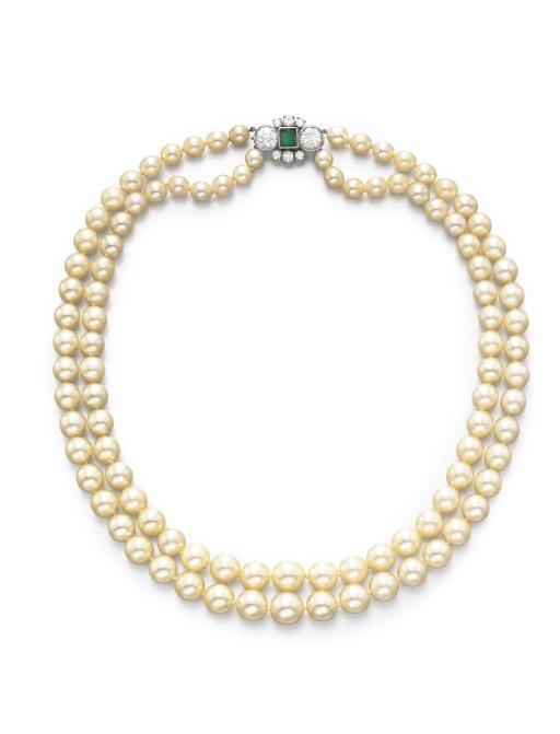 A CULTURED PEARL, EMERALD AND DIAMOND NECKLACE
