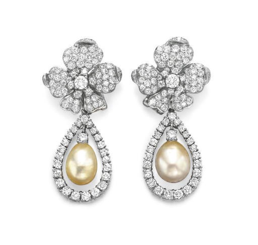 A PAIR OF CULTURED PEARL AND DIAMOND EAR PENDANTS, BY MARIANNE OSTIER