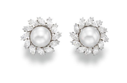 A PAIR OF CULTURED PEARL AND DIAMOND EAR CLIPS