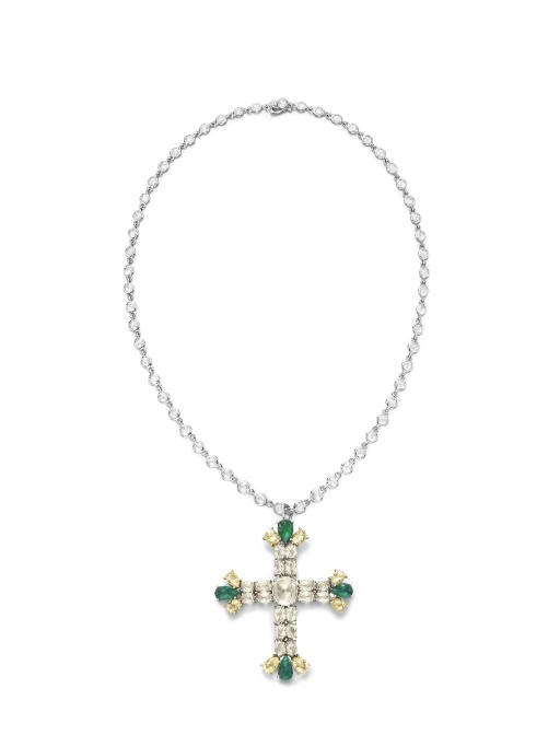 A DIAMOND, COLORED DIAMOND AND EMERALD PENDANT NECKLACE, BY HOUSE OF TAYLOR JEWELRY, THE ELIZABETH COLLECTION