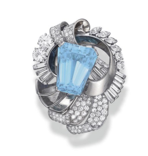 AN AQUAMARINE AND DIAMOND BROOCH, BY RAYMOND YARD