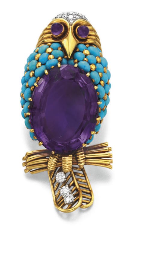 AN AMETHYST, TURQUOISE AND DIAMOND OWL BROOCH, BY CARTIER