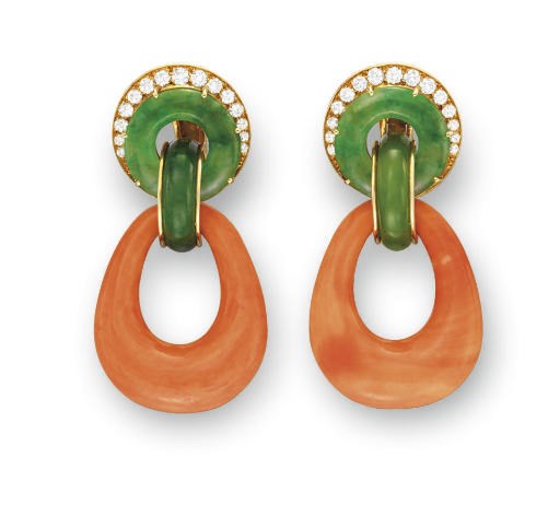 **A PAIR OF CORAL, JADE AND DIAMOND EAR PENDANTS, BY DAVID WEBB