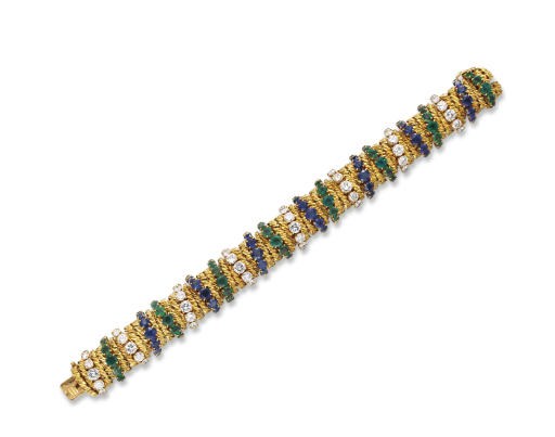 A DIAMOND, SAPPHIRE AND EMERALD BRACELET, BY VAN CLEEF & ARPELS