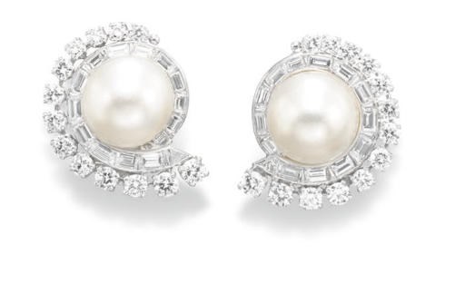 A PAIR OF PEARL AND DIAMOND EAR PENDANTS, BY VAN CLEEF & ARPELS