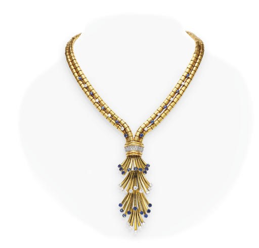 A RETRO DIAMOND AND SAPPHIRE TASSEL NECKLACE