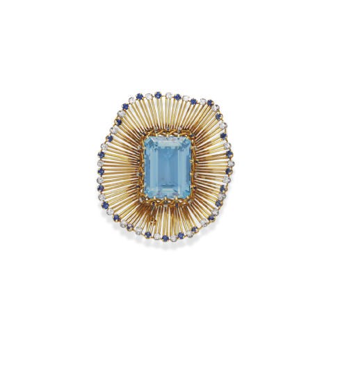 AN AQUAMARINE, SAPPHIRE AND DIAMOND BROOCH, BY STERLE