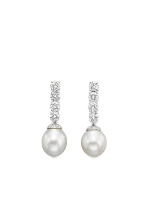 A PAIR OF CULTURED PEARL AND DIAMOND EAR PENDANTS