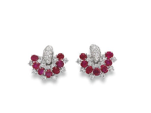 A PAIR OF RUBY AND DIAMOND EAR CLIPS, BY BULGARI