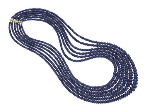 A MULTI-STRAND SAPPHIRE BEAD NECKLACE