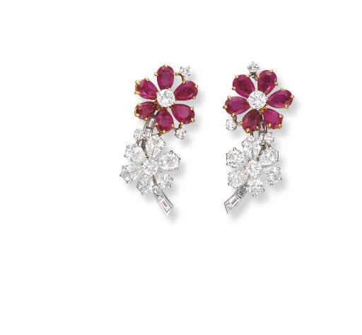 A PAIR OF RUBY AND DIAMOND EAR PENDANTS, BY VAN CLEEF & ARPELS