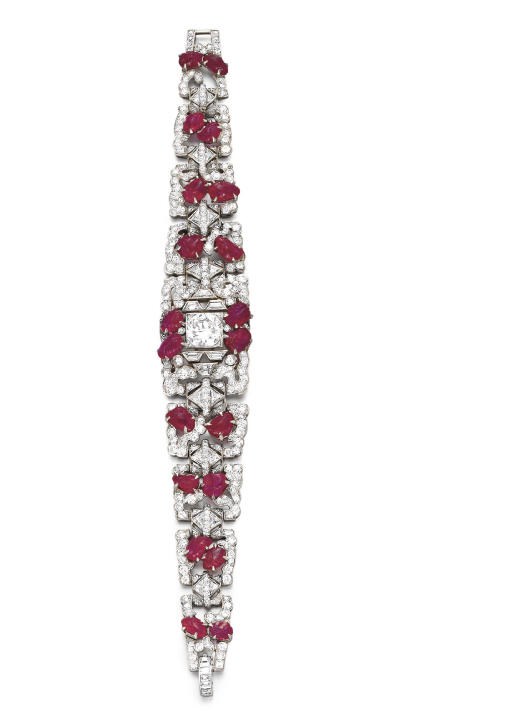 AN ART DECO DIAMOND AND RUBY BRACELET