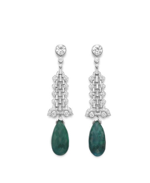 A PAIR OF EMERALD AND DIAMOND EAR PENDANTS