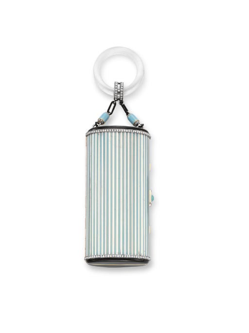 AN ART DECO ENAMEL, TURQUOISE AND DIAMOND VANITY CASE, BY CARTIER