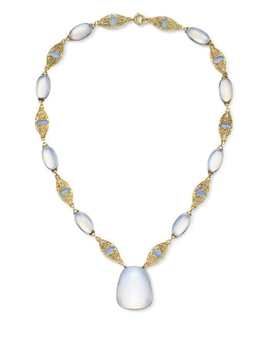 AN ELEGANT MOONSTONE, ENAMEL AND GOLD PENDANT NECKLACE, BY LOUIS COMFORT TIFFANY, TIFFANY & CO.