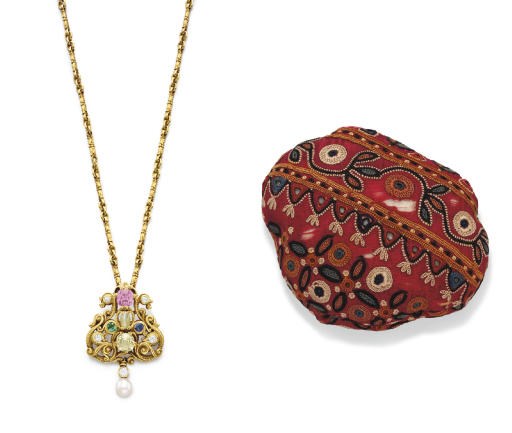 AN ANTIQUE MULTI-GEM BROOCH AND CHAIN