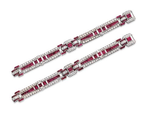 A PAIR OF ART DECO RUBY AND DIAMOND BRACELETS