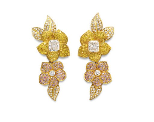 A PAIR OF COLORED DIAMOND EAR PENDANTS, BY BOUCHERON