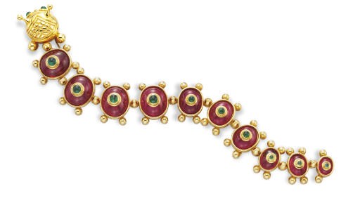 A PINK TOURMALINE AND EMERALD CATERPILLAR BROOCH, BY EVA SEGOURA