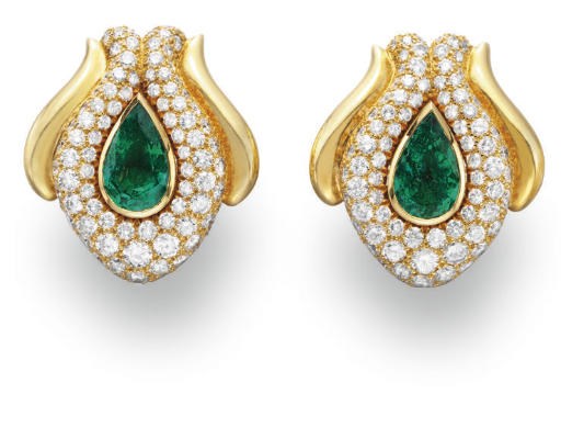 A PAIR OF EMERALD AND DIAMOND EAR CLIPS, BY RENE BOIVIN