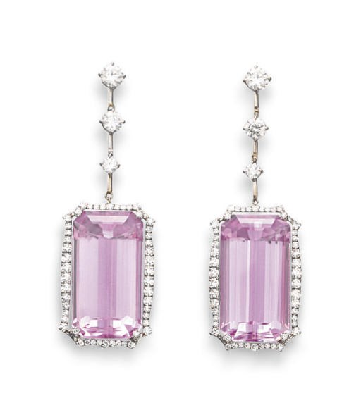A PAIR OF KUNZITE AND DIAMOND EAR PENDANTS