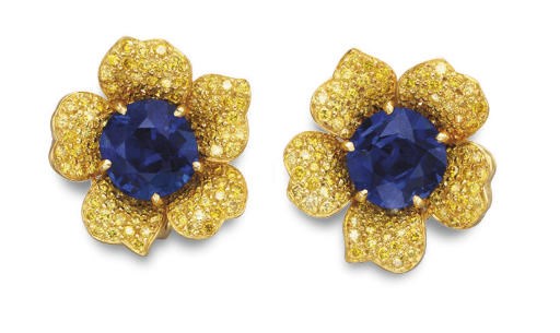 A PAIR OF SAPPHIRE AND COLORED DIAMOND FLOWER EAR CLIPS, BY CARVIN FRENCH