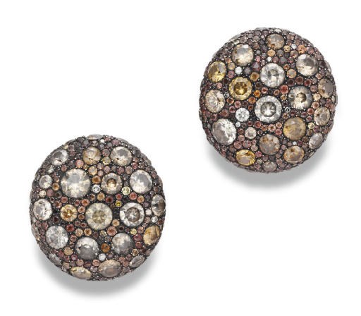 A PAIR OF ZIRCON, ORANGE SAPPHIRE AND COLORED DIAMOND EAR CLIPS, BY JAR