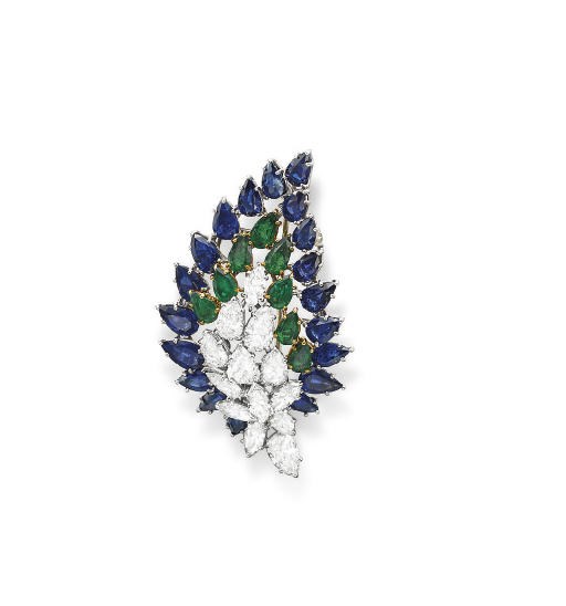 A DIAMOND, SAPPHIRE AND EMERALD BROOCH, BY HARRY WINSTON