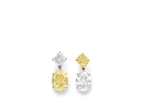 A PAIR OF COLORED DIAMOND EAR PENDANTS, BY HARRY WINSTON