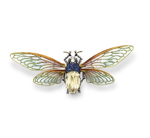 AN ART NOUVEAU DIAMOND, SAPPHIRE AND ENAMEL BROOCH, BY BOUCHERON