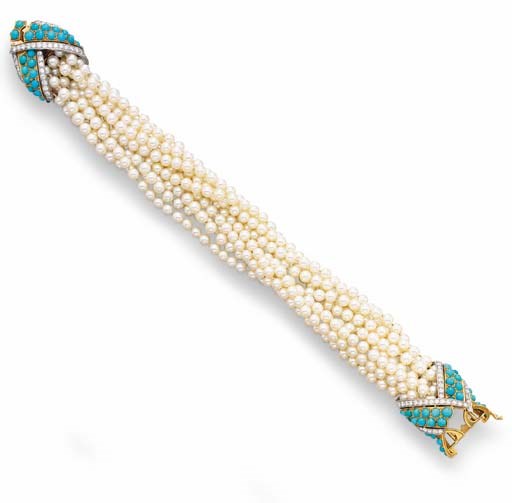 A CULTURED PEARL, TURQUOISE AND DIAMOND BRACELET, BY CARTIER