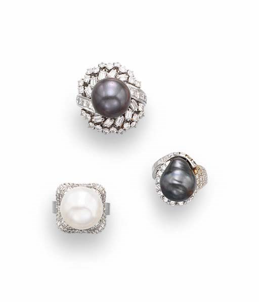 THREE CULTURED PEARL AND DIAMOND RINGS