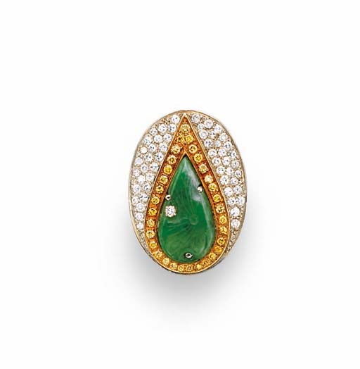 A JADEITE AND COLORED DIAMOND RING, BY STITTGEN