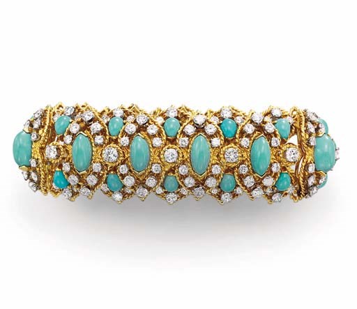 A TURQUOISE, DIAMOND AND GOLD BRACELET, BY VAN CLEEF & ARPELS