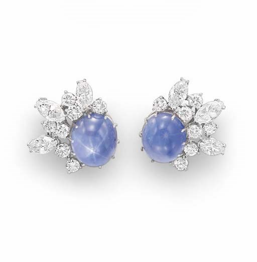 A PAIR OF STAR SAPPHIRE AND DIAMOND EAR CLIPS