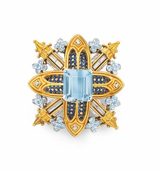 AN AQUAMARINE, SAPPHIRE AND DIAMOND BROOCH, BY TIFFANY & CO.