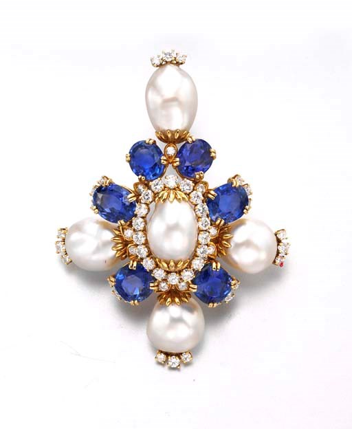 A BAROQUE CULTURED PEARL, SAPPHIRE AND DIAMOND BROOCH, BY HARRY WINSTON