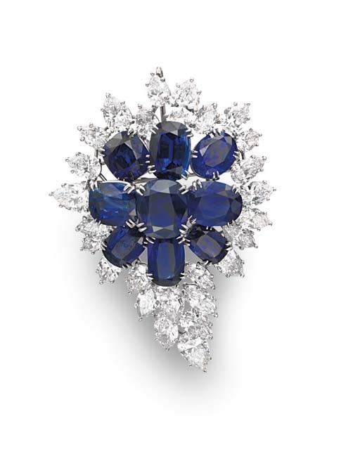 A SAPPHIRE AND DIAMOND BROOCH, BY HARRY WINSTON