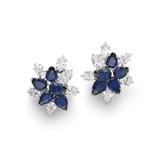 A PAIR OF SAPPHIRE AND DIAMOND EAR CLIPS, BY HARRY WINSTON
