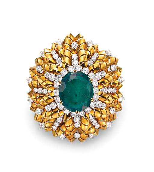 AN EMERALD AND DIAMOND BROOCH, BY HARRY WINSTON