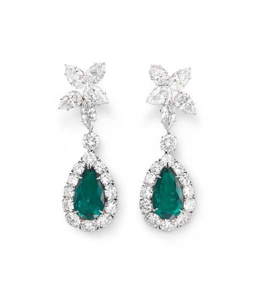A PAIR OF EMERALD AND DIAMOND EAR PENDANTS, BY HARRY WINSTON