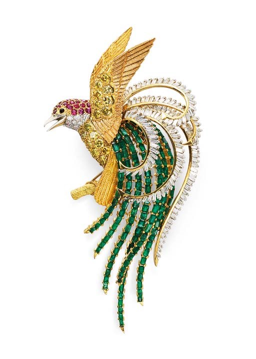 A MULTI-GEM 'BIRD OF PARADISE' BROOCH